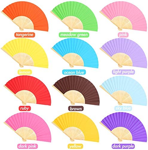 Hand Held Paper Fans Bamboo Folding Fans Handheld Folded Fan for Church Wedding Gift, Party Favors, DIY Decoration (12 Pack, Multicolor)