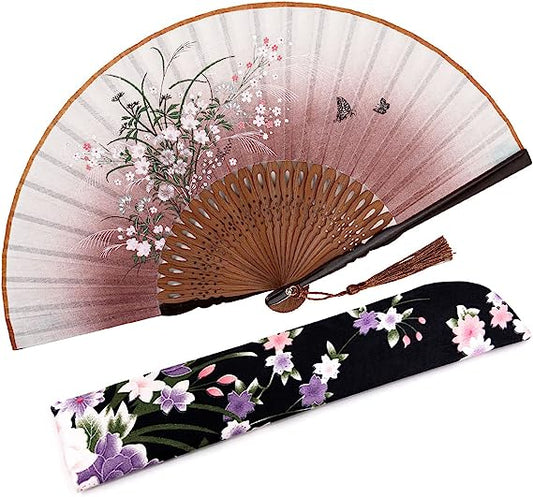 8.27"(21cm) Hand Held Bamboo Silk Folding Fan Hand Fan,Chinese/Japanese Charming Elegant Vintage Retro Style,Women Ladys Girls Best Gifts (Black)