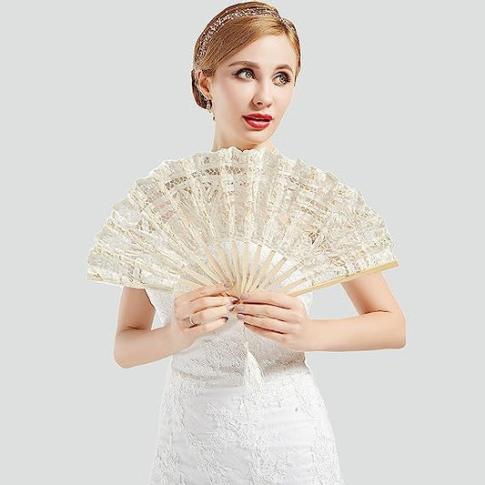 Cotton Lace Folding Handheld Fan Embroidered Bridal Hand Fan with Bamboo Staves for Wedding Decoration Dancing Party (White)