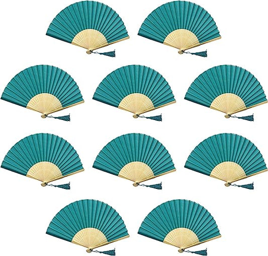 Pack of 10 Silk Fabric Fan with a Tassel Grade A Bamboo Ribs Party Favour Handheld Fan (Lemon Yellow)