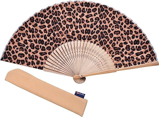 Hand Fan Bamboo Leopard Printed Folding Fan Cotton For Party Wedding Gift with Fan Cover
